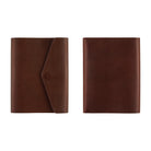 The front and back of a Hobonichi Techo cover shown side by side on a plain white background. The left (front) has a diagonal flap closure with a snap button, and the right (back) is plain brown leather. 