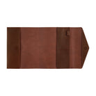 A brown leather Hononichi Techo cover shown open against a plain white background, featuring card slots, a pen loop, and a pointed closure flap on the right side.