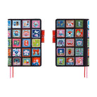 A side by side view of the front and back of a Hobonichi Techo cover featuring a colorful patchwork design of whimsical cat illustrations on a white background. 
