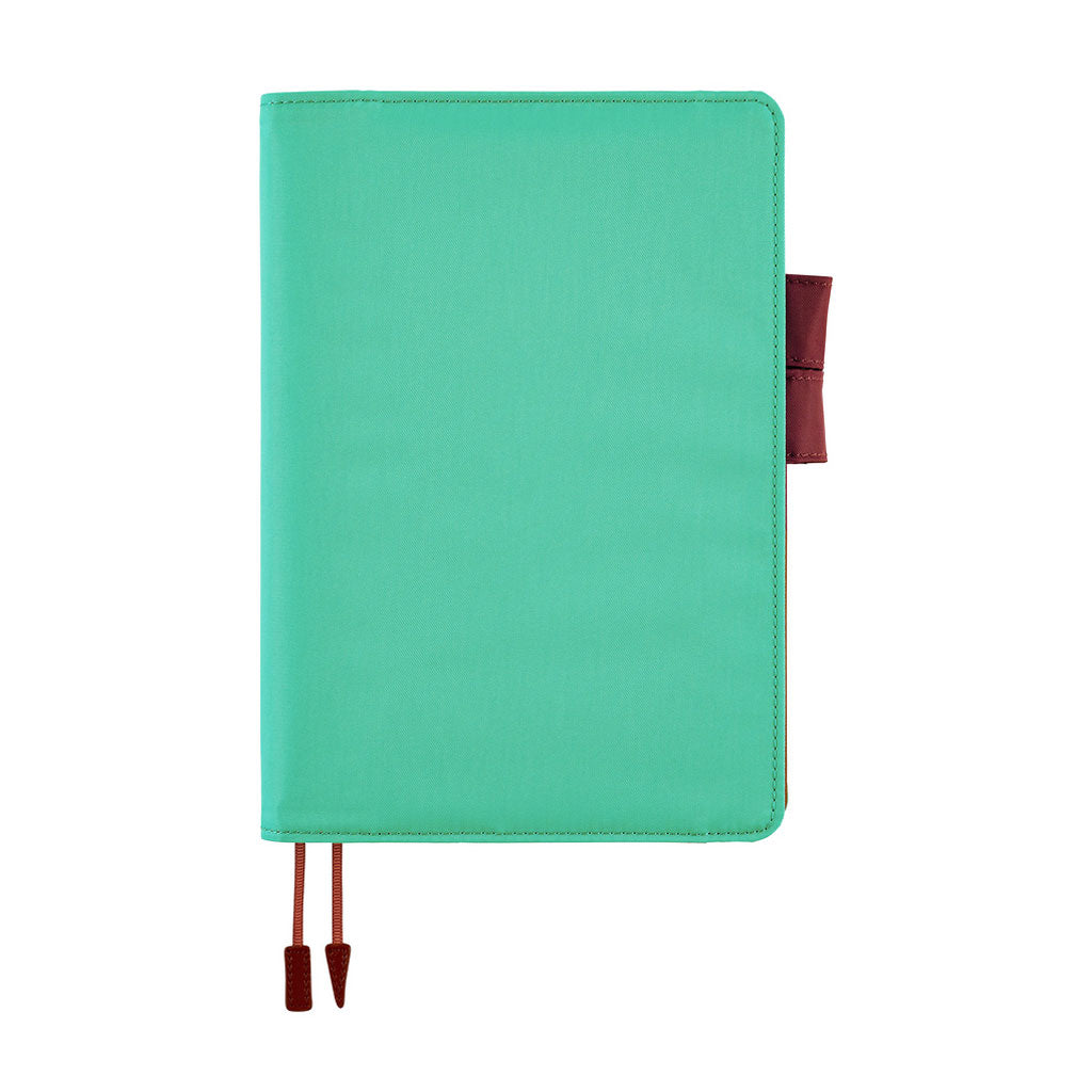 Turquoise colored Hobonichi Techo cover with contrast dark red brown pen loops, and two ribbon bookmarks with tabs shown on a plain white background.