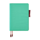 Turquoise colored Hobonichi Techo cover with contrast dark red brown pen loops, and two ribbon bookmarks with tabs shown on a plain white background.