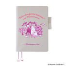 A light beige planner cover featuring a pink and white illustration of Moomin characters, including a tree and flowers. Pink text on the cover reads, 'We've time for that tomorrow, said Moominmamma.'