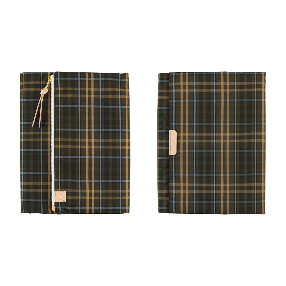 Two views of a zippered fabric Hobonichi Techo cover with a brown and tan plaid pattern and light blue lines, shown on a plain white background.