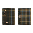Two views of a zippered fabric Hobonichi Techo cover with a brown and tan plaid pattern and light blue lines, shown on a plain white background.