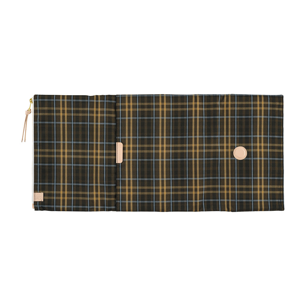 An open Hobonichi Techo cover featuring a plaid pattern with beige and light blue lines on dark brown fabric  with a light tan leather details. 