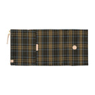 An open Hobonichi Techo cover featuring a plaid pattern with beige and light blue lines on dark brown fabric  with a light tan leather details. 