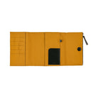 A flat view of a mustard yellow Hobonichi Tragen tri-fold inside cover with a vertical zippered pouch, several car pockets, and black zipper pull on a plain white background.