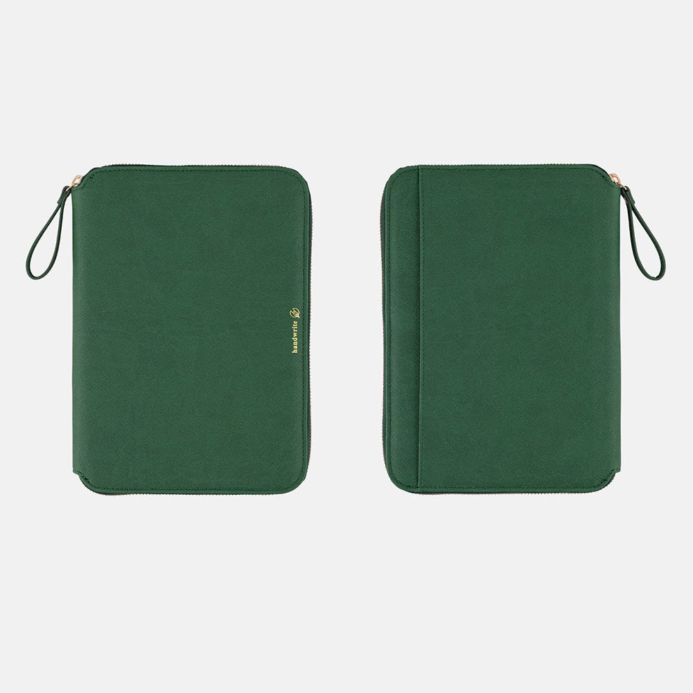 Side by side view of the front and back of a deep green Hobonichi  Techo zippered cover with a textured finish, gold-colored hardware, wrist loop, and gold handwrite logo on a plain white background.