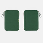 Side by side view of the front and back of a deep green Hobonichi  Techo zippered cover with a textured finish, gold-colored hardware, wrist loop, and gold handwrite logo on a plain white background.