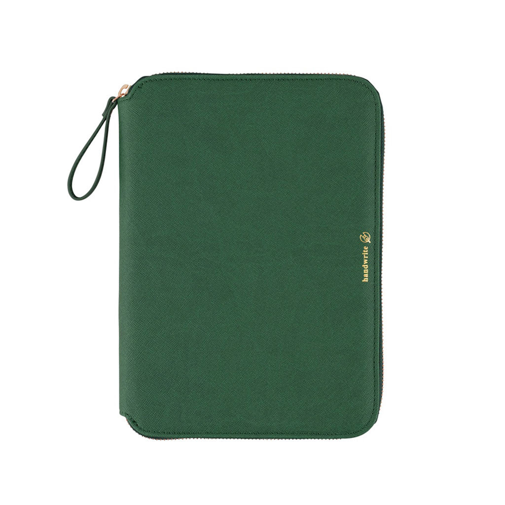 A deep green Hobonichi Techo zippered cover with a textured finish, gold-colored hardware, wrist loop, and gold 'handwrite' logo on a plain white background.