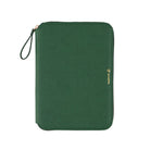A deep green Hobonichi Techo zippered cover with a textured finish, gold-colored hardware, wrist loop, and gold 'handwrite' logo on a plain white background.