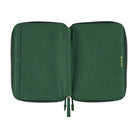 A flat view of the deep green Hobonichi Techo zippered outside cover with a textured finish, gold-colored hardware, wrist loop, and gold handwrite logo on a plain white background.