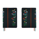 A side by side view of a Hobonichi Techo navy planner cover with colorful embroidered flowers, a vertical red stripe, and ribbon bookmarks in blue and red.