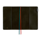 The interior of a Hobonnichi Techo planner cover featuring red and teal ribbon bookmarks and a pen loop all shown against a plain white background.