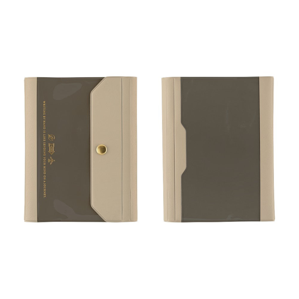 Two slim rectangular document folders or booklets shown side by side on a plain white background. Each has a dark taupe-brown front panel with a beige side border and a small gold snap/button detail on the left item.