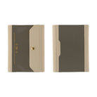Two slim rectangular document folders or booklets shown side by side on a plain white background. Each has a dark taupe-brown front panel with a beige side border and a small gold snap/button detail on the left item.