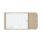 A beige plastic pocket organizer cover shown open, displaying two white grid daily planner inserts with blue text and numbers on a plain white background.