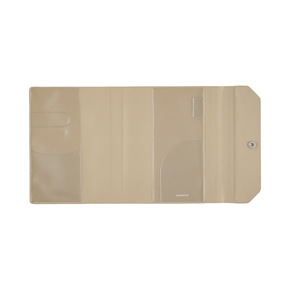A beige plastic document holder or wallet with multiple interior pockets and a snap closure, shown open against a plain white background.