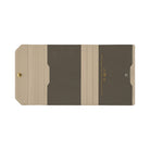A minimalist folder or document holder with a modern geometric design in beige and dark brown, featuring a gold rivet on the left and gold text on the right, shown against a plain white background.
