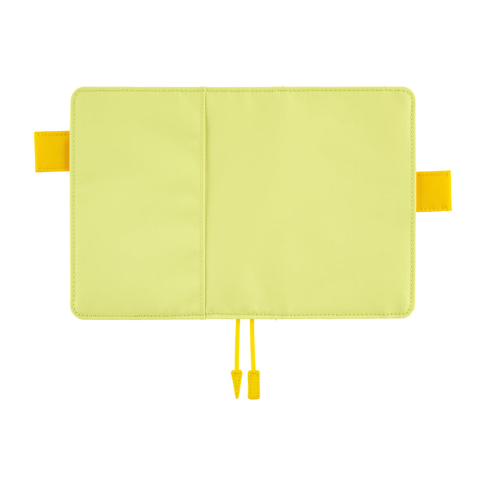 A lime green notebook cover or planner insert with a center seam, yellow side tabs, and a matching yellow drawstring closure, shown flat against a white background.