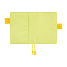 A lime green notebook cover or planner insert with a center seam, yellow side tabs, and a matching yellow drawstring closure, shown flat against a white background.