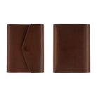 Two brown leather folio-style cases shown side by side on a plain white background, one with a flap closure and one without.