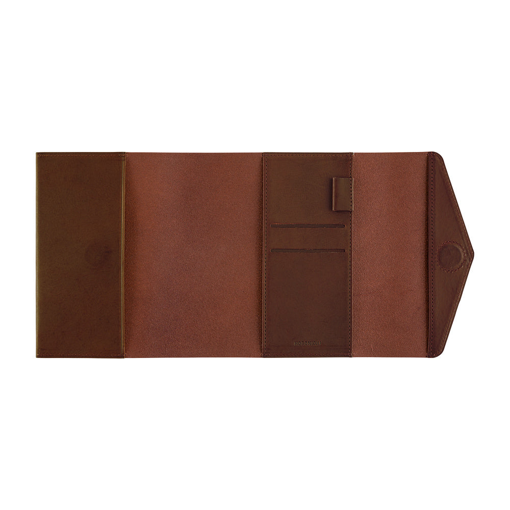 A brown leather travel wallet shown open, displaying its interior compartments, card slots, and pocket layout against a solid white background.