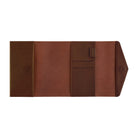 A brown leather travel wallet shown open, displaying its interior compartments, card slots, and pocket layout against a solid white background.