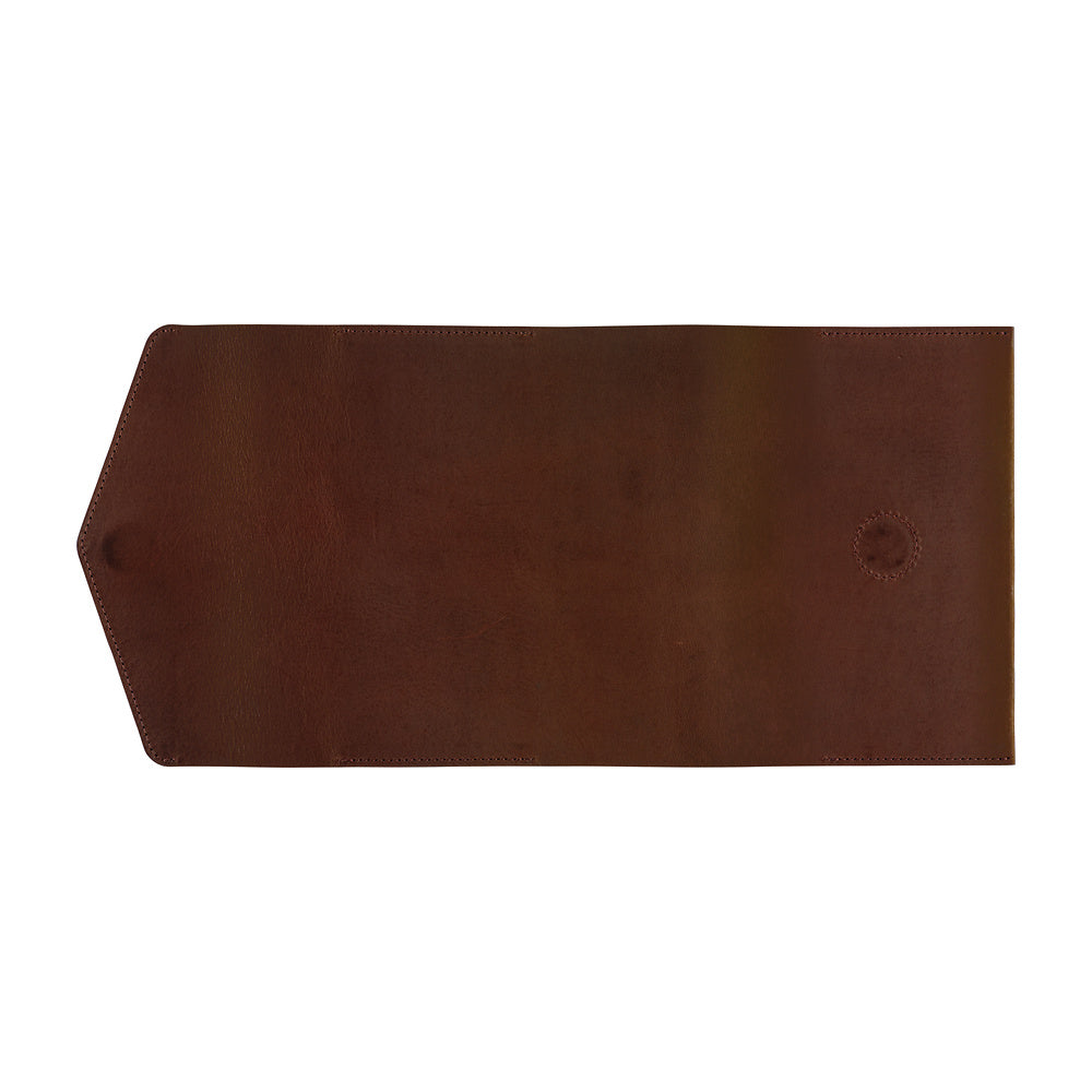 A dark brown leather pouch or sleeve with a pointed triangular flap on the left side and a small circular stitched detail on the right, shown flat against a plain white background.
