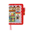 A red hardcover notebook or journal featuring a colorful cartoon village illustration on the cover, with ribbon bookmarks in pink and red, shown on a plain white background.