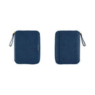 Two navy blue zippered pouches with wrist straps and gold-tone hardware, shown side by side on a plain white background.