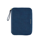 A navy blue zippered pouch with a wrist strap and gold zipper pull, featuring a small gold logo on the right side, shown against a plain white background.