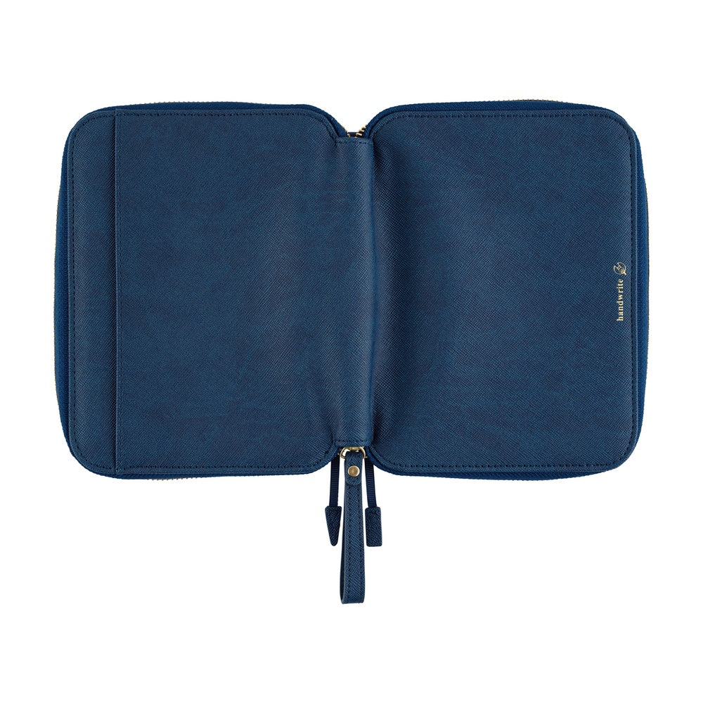 A navy blue zippered notebook or document holder shown open against a plain white background, featuring a small gold 'handwrite' logo on the right side.