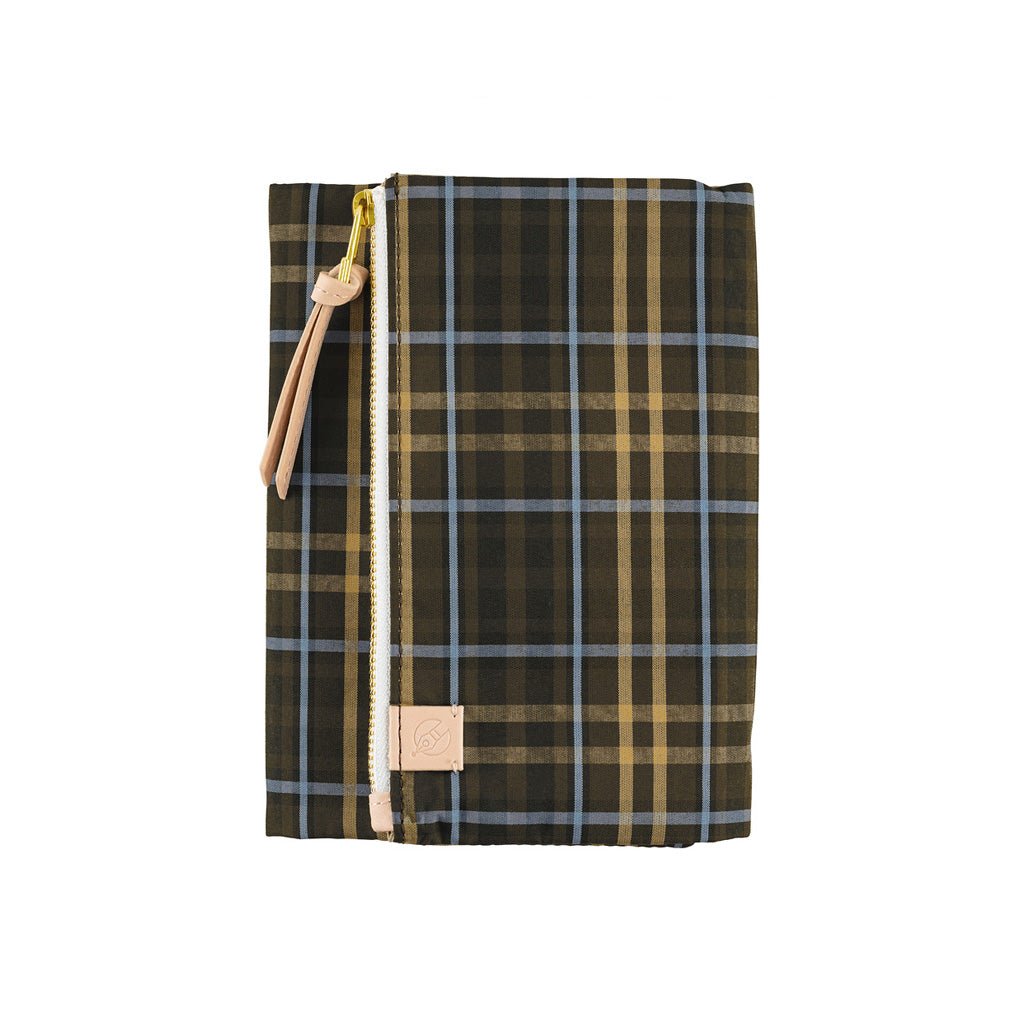 A zippered fabric pouch featuring a dark green and gold plaid pattern with light blue lines, a gold zipper, and light tan leather accents.