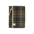A zippered fabric pouch featuring a dark green and gold plaid pattern with light blue lines, a gold zipper, and light tan leather accents.