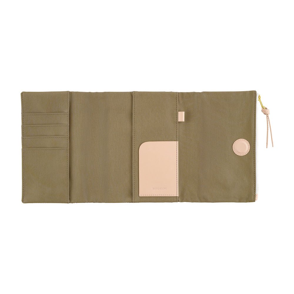 An olive green canvas organizer pouch shown open, featuring multiple card slots, a central pocket with a beige leather insert, a small beige tab, a round beige snap button, and a gold zipper pull with a beige tassel.
