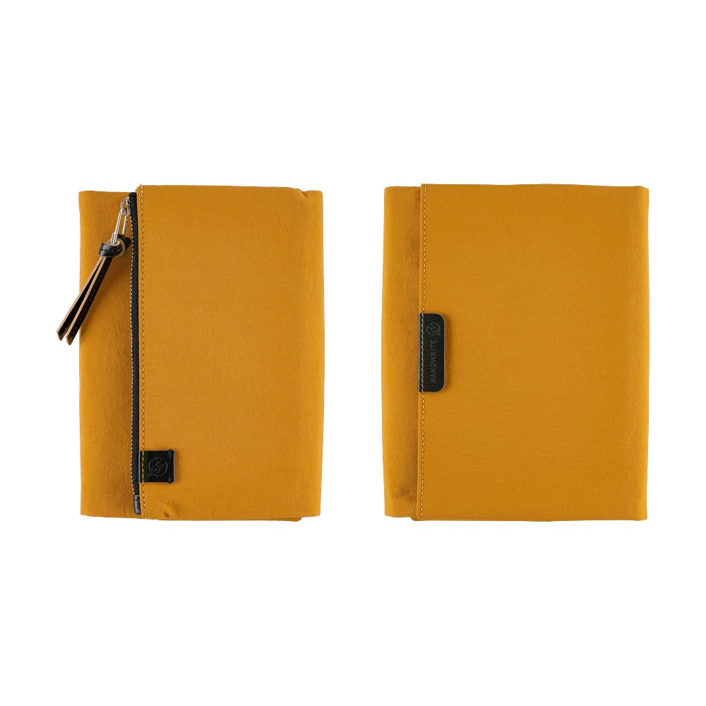 Two mustard yellow bags with black zippers on a white background
