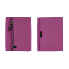 Front and back purple Hobonichi Tragen tri-fold covers with a vertical zippered pouch and black zipper pull shown side by side on a plain white background.