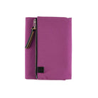 A purple fabric zippered notebook cover with a black zipper, a small black brand patch, and a decorative zipper pull shown on a plain white background.