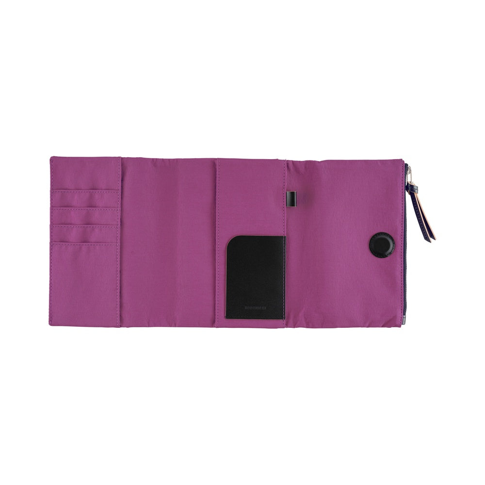 A purple fold-out notebook holder with multiple card slots, a black card holder pocket, and a zipper closure with a wrist strap, shown flat on a white background.