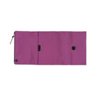 A flat view of a purple Hobonichi Tragen tri-fold outside cover with a vertical zippered pouch and black zipper pull on a plain white background.