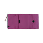 A purple zippered pouch with a magnetic snap closure and a small black tag, shown flat against a white background.