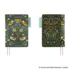 Two William Morris 'The Witch-Craft Garden' pocket notebooks shown side-by-side against a white background, featuring a detailed botanical and bird pattern in muted green, blue, yellow, and white, with pink ribbon bookmarks.