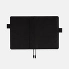 Black Hobonichi A5 cover with pen loops and bookmark on white background