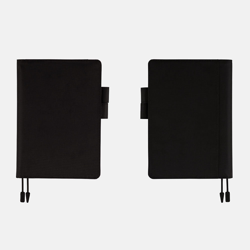 Black Hobonichi A5 cover with pen loops and bookmark on white background