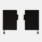Black Hobonichi A5 cover with pen loops and bookmark on white background