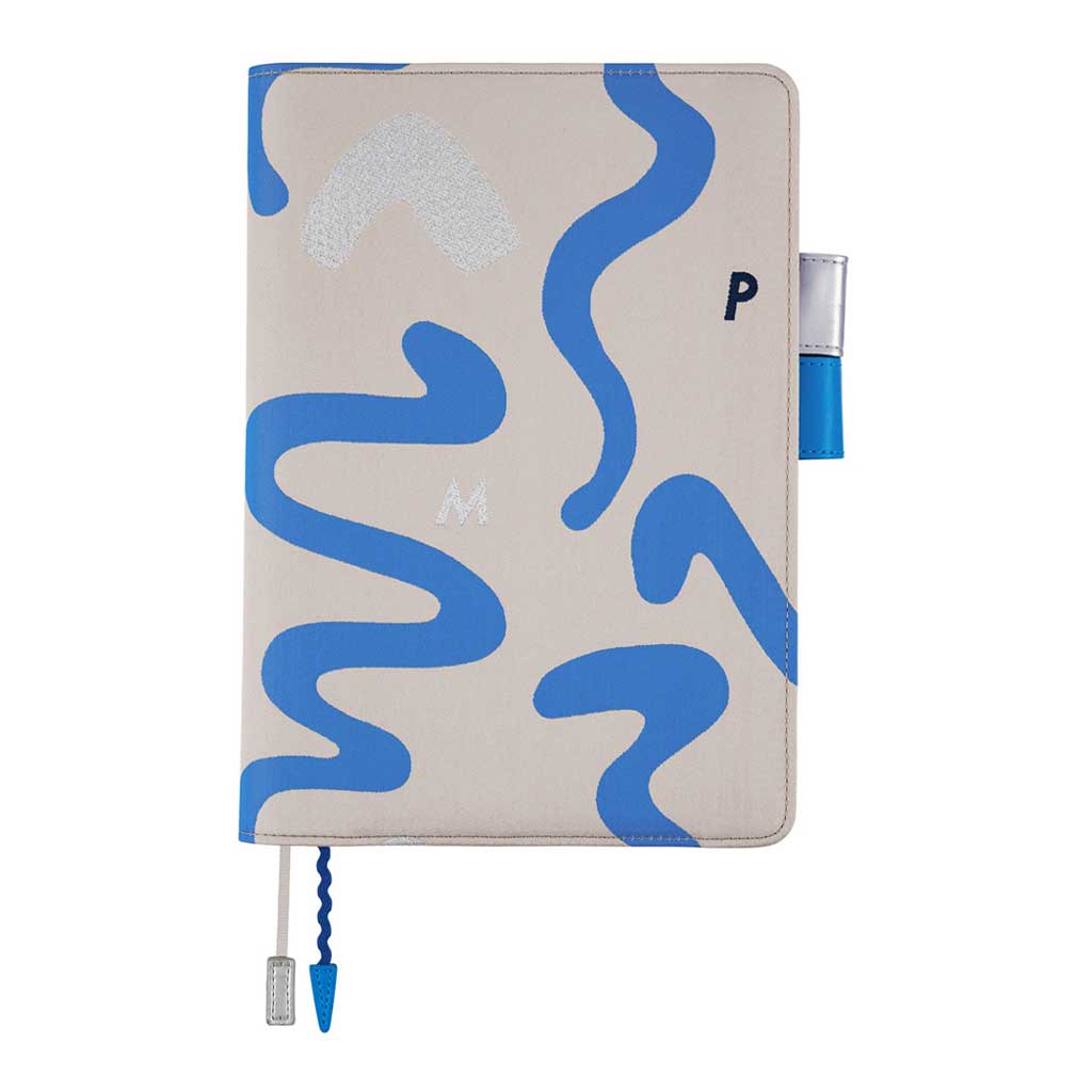 Blue and silver abstract design on light gray notebook cover for Hobonichi Techo Cousin A5 planner on white background
