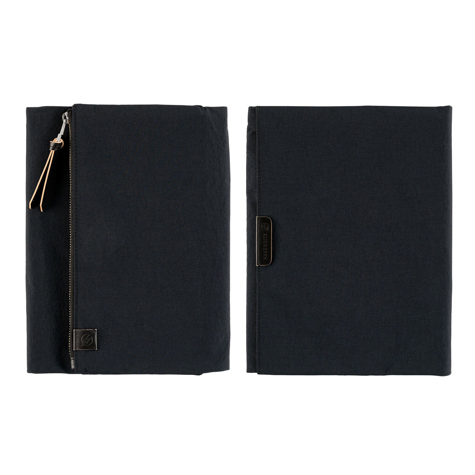 Black fabric Tragen zippered cover for Hobonichi Techo Cousin A5 planner on white background