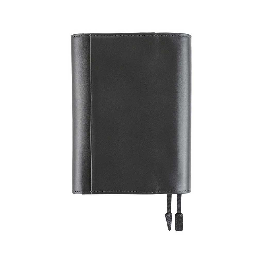 Back of black leather cover for Hobonichi Techo A6 planner on white background