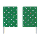 Front and back views of the green 2027 Hobonichi Techo HON hardcover featuring a repeating pattern of playful white sheep, with two ribbon bookmarks on a white background.